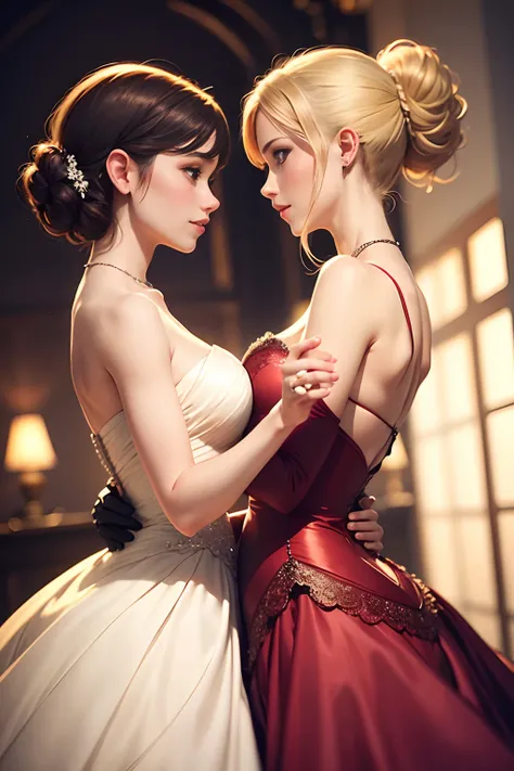 2 beautiful young women dancing waltz as a couple, gorgeous dresses, loving stares, lesbian couple, NO MEN