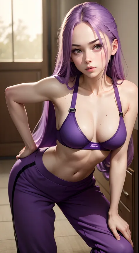 Girl with long purple hair slim, cuteface, little chest, in sweatpants and bra, bent down