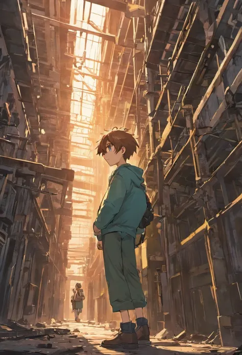 A curious 12-year-old Max, peering into an old, abandoned factory, with a sense of wonder in his eyes, best quality