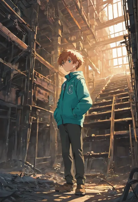 A curious 12-year-old Max, peering into an old, abandoned factory, with a sense of wonder in his eyes, best quality