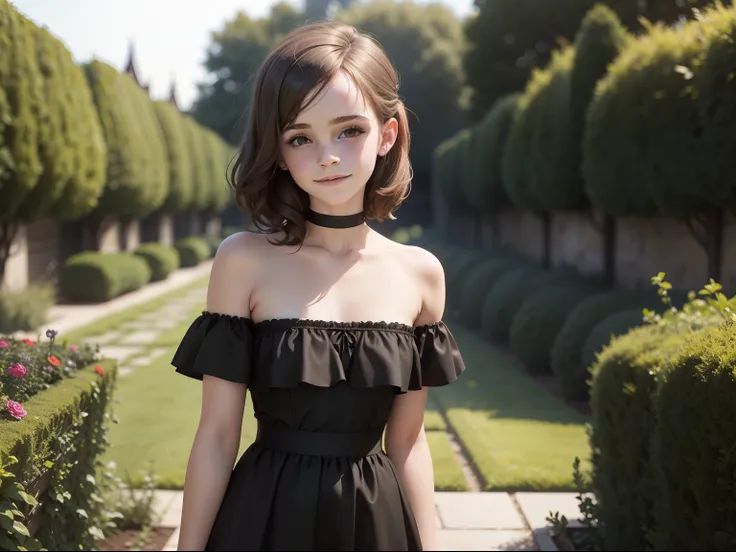 tween Emma Watson wearing a black gothic strapless playsuit in the garden, small bust, small chest, cute smile, black head accessories.