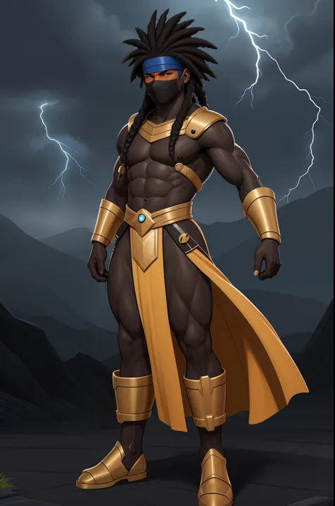 Create an image of a black ninja after an apocalypse in the future, afro cabelo caindo para frente, Rasta type but braided,  corpo inteiro,  vestindo um traje indiano ribulo africano corpo inteiro, A realistic 4K phoenix with blue orange feathers, dourado,...