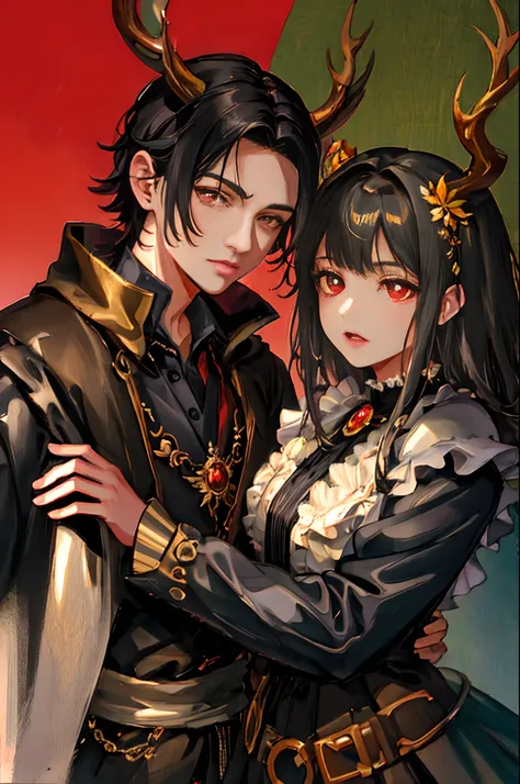 1Man and 1Girl with dark black hair with gray streaks, not very long. Calm expression. Approximately 5cm long deer-like horns protruding from their heads. Eyes with red pupils. Their skin is gray. Their physical condition is average, (anime face), They wea...