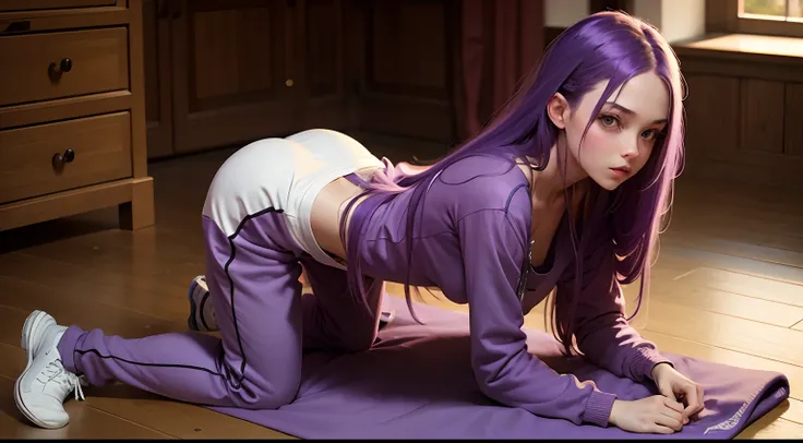 Girl with long purple hair slim, cuteface, little chest, in sweatpants, on all fours