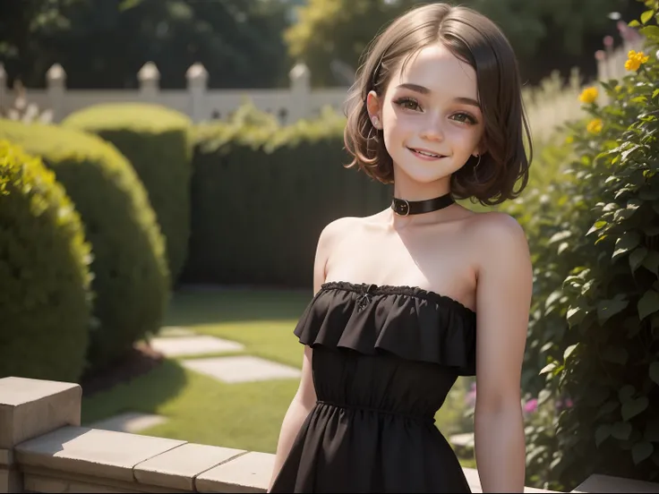 tween Emma Watson wearing a black gothic strapless playsuit in the garden, small bust, small chest, cute smile, black head accessories, black lips.