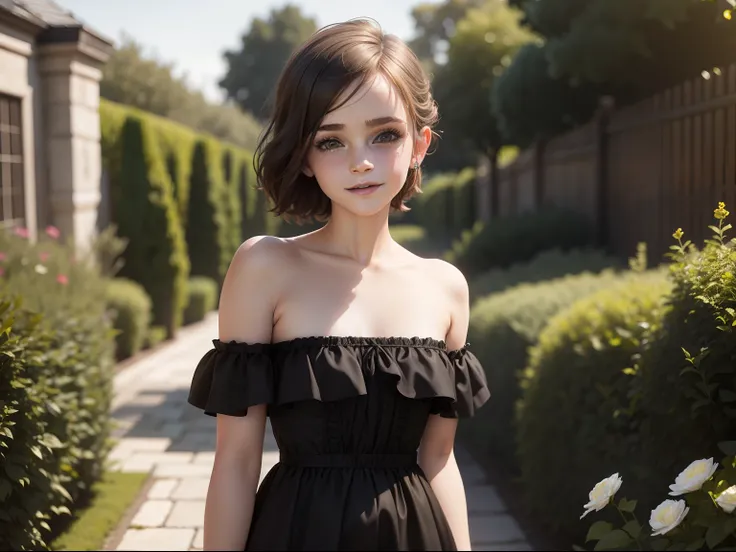 tween Emma Watson wearing a black gothic strapless playsuit in the garden, small bust, small chest, cute smile, black head accessories, black lips.