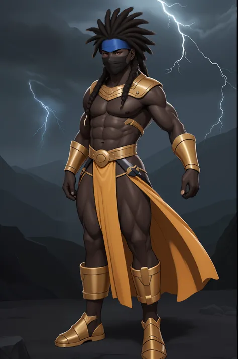 Create an image of a black ninja after an apocalypse in the future, afro cabelo caindo para frente, Rasta type but braided,  corpo inteiro,  vestindo um traje indiano ribulo africano corpo inteiro, A realistic 4K phoenix with blue orange feathers, dourado,...