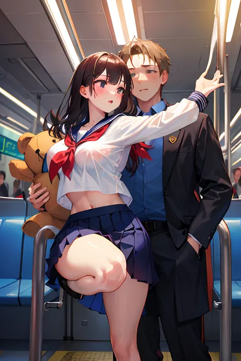 grasp、19 year old High school girl in wet sailor suit grabs butt on train, (in the 12th grade)、pleatedskirt, big bouncing breasts,  long wet hair、a beauty girl１a person、teddy bears１a person、Grabbing the buttocks、molesting、Touching your buttocks on the trai...