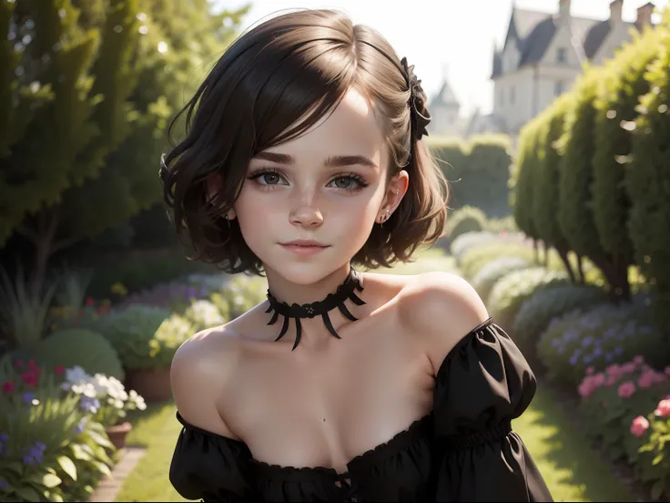 tween Emma Watson wearing a black gothic strapless playsuit in the garden, small bust, small chest, cute smile, black head accessories, black makeup.