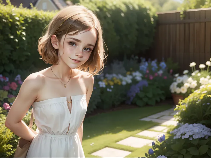 tween Emma Watson wearing a white strapless playsuit in the garden, small bust, small chest, cute smile, white head accessories, white bracelet.