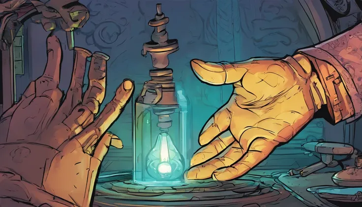 Maxs hand reaching out to pick up the mysterious glowing device, highlighting the moment of discovery