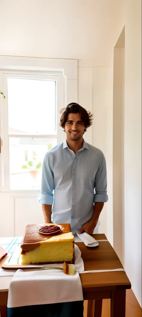 there is a man standing in front of a table with a cake Handsome boy