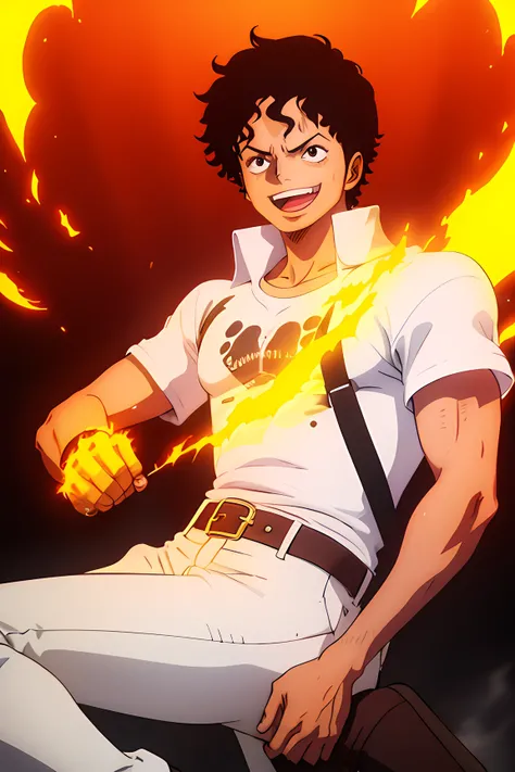 1boy, happy, black short curly hair like michael jackson, flame power, white shirt, brown trousers, black boots, one piece style, has a cool crew, good looking guy