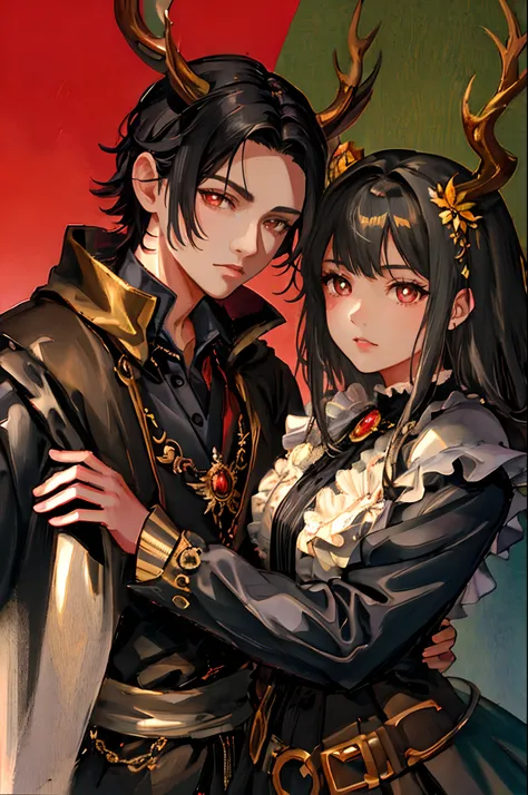 1Man and 1Girl with dark black hair with gray streaks, not very long. Calm expression. Approximately 5cm long deer-like horns protruding from their heads. Eyes with red pupils. Their skin is gray. Their physical condition is average, (anime face), They wea...