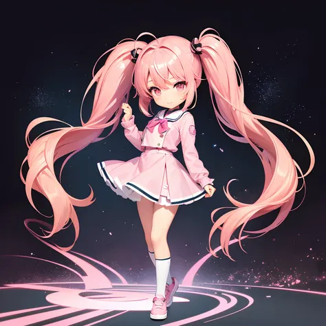 Very cute and (Beautiful Chibi Anime Girl), Solo, Simple background, Beautiful twin tails*Pink* hair,  Beautiful detailed *Pink* High School Uniform, Full body, Standing, high detailed face and *Pink* Eyes, Clearly outlined