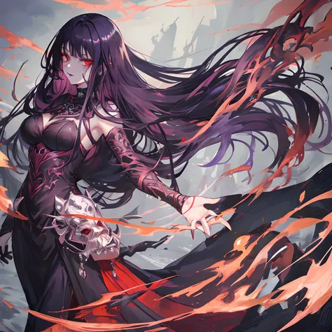 Woman, long dark purple hair, red eyes with a bright light, black long open dress, witch, silver jewelry in the shape of ribs, metal mask on half of the face, black lipstick