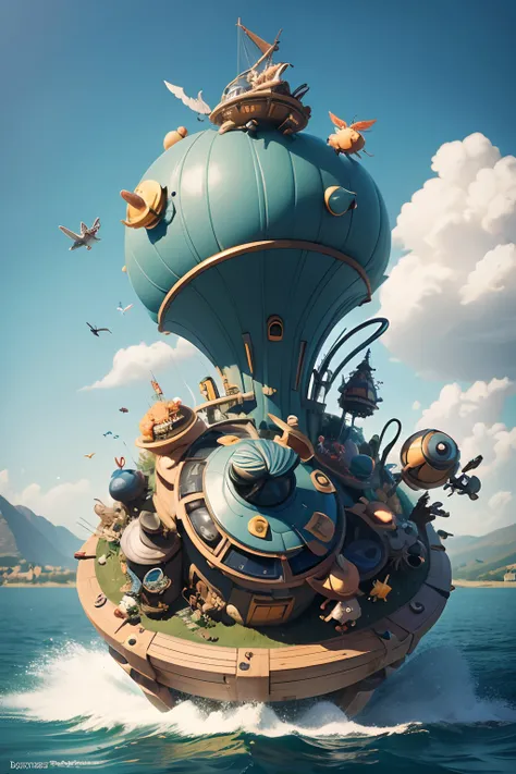 A very dynamic scene. The fantastic world of Hieronymus Bosch with flying friendly huge mechanical snails. close-up. Flight over the lake. All the characters from the wonderful and funny Disney Pixar cartoon. super realistic. cinematic. Blurred background ...