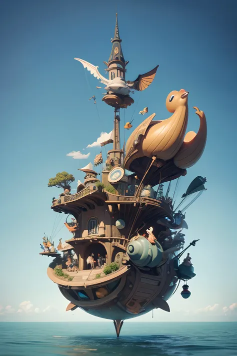 A very dynamic scene. The fantastic world of Hieronymus Bosch with flying friendly huge mechanical snails. close-up. Flight over the lake. All the characters from the wonderful and funny Disney Pixar cartoon. super realistic. cinematic. Blurred background ...