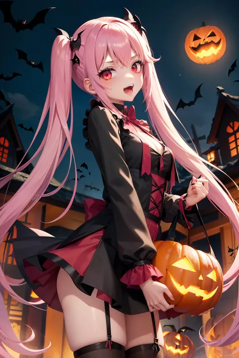 Halloween , Vampire、a cool、a miniskirt, long hair with pink twin tails,,,,,,,,,,,,,,,,,, Looking at the viewer, Front view,Halloween Vampire Costumes、Sharp fangs、Red Eyes、Blood from the mouth、the bats、Vampire House、Pumpkin Obake、Obake