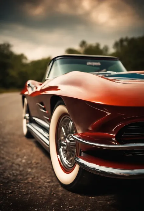 a realistic corvette old in road color candy, radial blur background