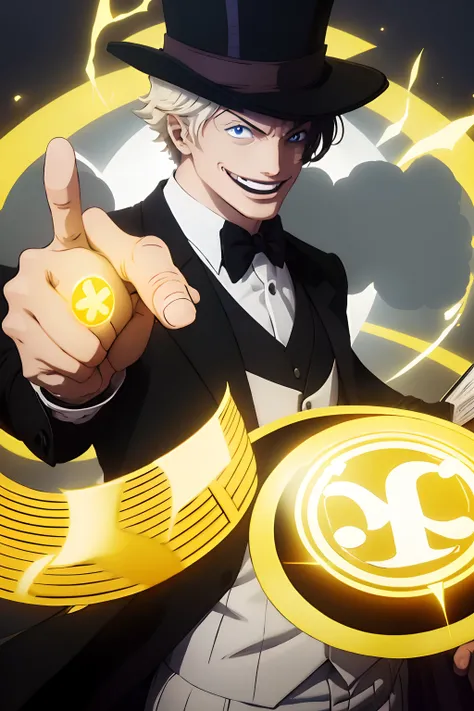 1boy, shadow powers, short white wavy hair, white & black face, wears a black suit, has a tophat that has a golden cash symbol on it, crazy smile,