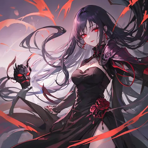 Woman, long dark purple hair, red eyes with a bright light, black long open dress, witch, silver jewelry in the shape of ribs, metal mask on half of the face, black lipstick