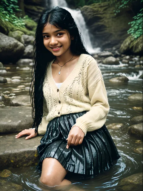 Beautiful, realistic,12-year-old, Sri Lankan, girl with long black hair Wearing a short skirt and brawoman sitting in the water in a river, next to a waterfall, in water up to her shoulders, dripping wet, bathing in a waterfall, cute girl, in the water, in...