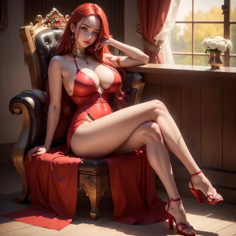 Produce an ultra-realistic Instagram model of a beautiful woman,one woman, high heel sandals, full body, long red hair, red eyes, soft skin, sitting on a throne, legs crossed , beautiful red dress,big breast, part of breast out, The image has a high resolu...