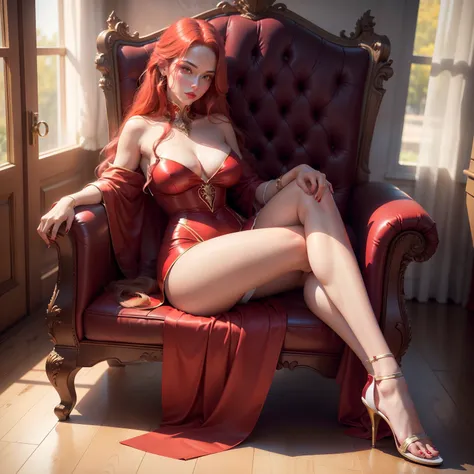 Produce an ultra-realistic Instagram model of a beautiful woman,one woman, high heel sandals, full body, long red hair, red eyes, soft skin, sitting on a throne, legs crossed , beautiful red dress,big breast, part of breast out, The image has a high resolu...