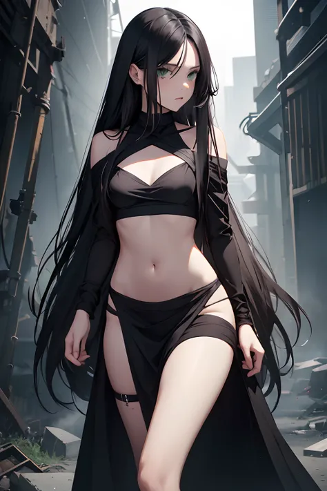 Girl, long black hair, straight hair, green eyes, small flat chest, long black dress, bare shoulders, low cut chest, white bandages wrapped around arms, white dirty bandages on legs, bare legs, high quality, high resolution, 8k, dark atmosphere, chilly air