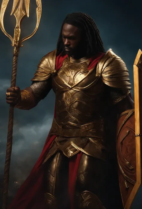 super heroi negro,armadura dourada, holding a spear with his hand, sol no fundo da imagem