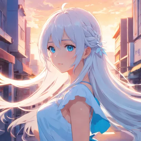 anime girl with long white hair and blue eyes in a white dress, Guviz, Guweiz in Pixiv ArtStation, Guviz-style artwork, Guweiz on ArtStation Pixiv, Girl with white hair, a beautiful anime portrait, detailed portrait of an anime girl, trending on artstation...