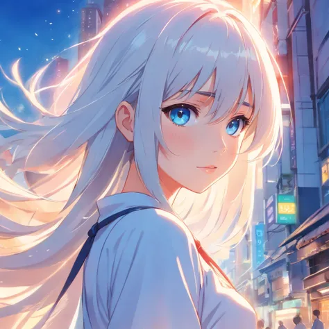 anime girl with long white hair and blue eyes in a white dress, Guviz, Guweiz in Pixiv ArtStation, Guviz-style artwork, Guweiz on ArtStation Pixiv, Girl with white hair, a beautiful anime portrait, detailed portrait of an anime girl, trending on artstation...