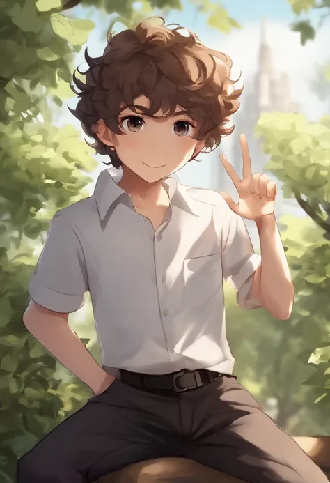 1boy, short curly brown hair, brown eyes, wearing plain black shirt, black pants, preparatory academy in the city,  masterpiece, talking to his friend 

easynegative, extra fingers, fewer fingers, (low quality, worst quality:1.4), (bad anatomy), (inaccurat...