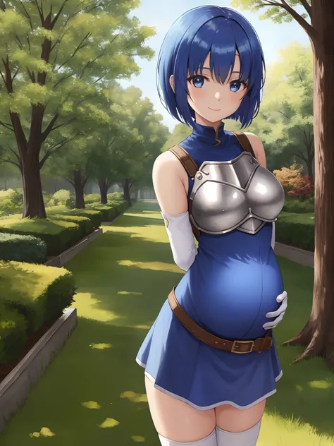 catria_echoes, 1girl, solo, looking at viewer, smile, short hair, pregnant, thighhighs, gloves, dress, bare shoulders, elbow gloves, belt, armor, zettai ryouiki, headband, arms behind back, short dress, breastplate, nature, park, trees