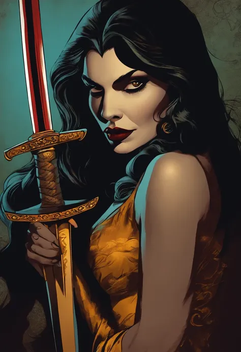 mulher vampira, olhos amarelos, lua cheia,comic style,holding a katana in her hand