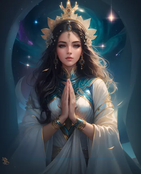 arafed woman in a white dress with a crown and a blue dress, Artgerm Julie Bell Beeple, goddess. Extremely high details, Portrait of the Goddess, close-up portrait of the goddess, looking into the center of the camera, Elf priestess, A stunning portrait of...