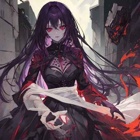 Woman, long dark purple hair, red eyes with a bright light, black long open dress, witch, silver jewelry in the shape of ribs, metal mask on half of the face, black lipstick