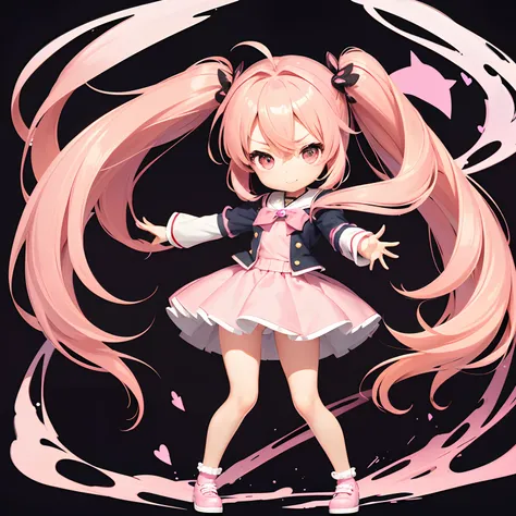 Very cute and (Beautiful Chibi Anime Girl), Solo, Simple background, Beautiful twin tails*Pink* hair,  Beautiful detailed *Pink* High School Uniform, Full body, Standing, high detailed face and *Pink* Eyes, Clearly outlined