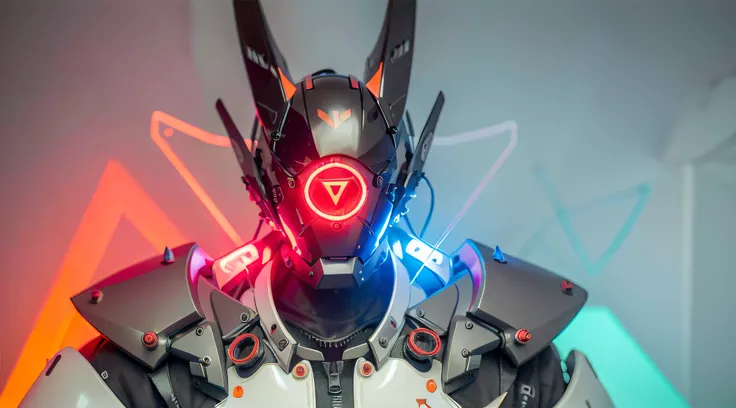 masterpiece, best quality, a close up of a futuristic looking cyborg man with a fantastic cyberhelmet head with red triangle led lights and a halo, wearing a orange techwear jacket, white background