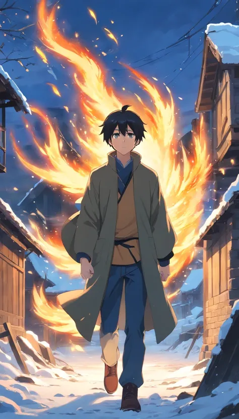 magnificent scene, Ancient England,In the middle of a destroyed cold village, Covered with dense snow, The protagonist, Young man with black hair and shining golden eyes, Hurt by conflict, Awaken the power of fire