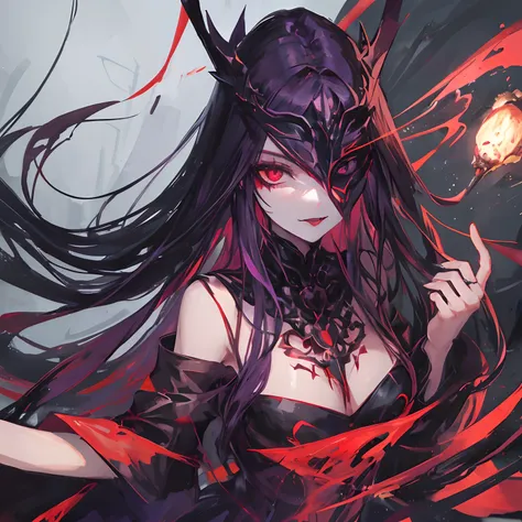 Woman, long dark purple hair, red eyes with a bright light, black long open dress, witch, silver jewelry in the shape of ribs, metal mask on half of the face, black lipstick