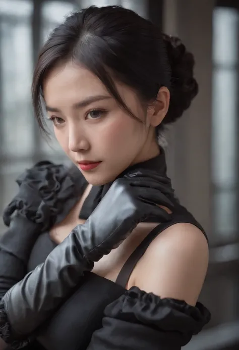 Black leather gloves, black suit, black hair, ponytail, Japanese girl, ribbon tie blouse, upper half