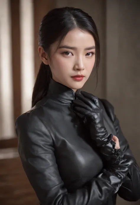 Black leather gloves, black suit, black hair, ponytail, Japanese girl, ribbon tie blouse, upper half