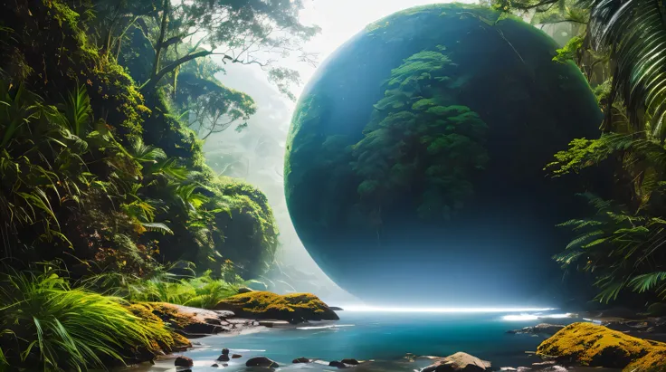 ((masterpiece)), best quality, real, photoshoot, realistic, , perspective, luminescent, bright colors, illusion, atmospheric scene, masterpiece, best quality, ((rainforest)) (((landscape))), 
(A black sphere floating in space, absorbing all light and matte...