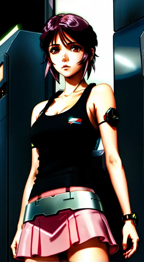 Lunamaria、Close up portrait of a person in a skirt and tank top,,, Cyberpunk Anime Girl, portrait anime space cadet girl, Realistic anime art style, Digital Cyberpunk Anime Art, female cyberpunk anime girl,