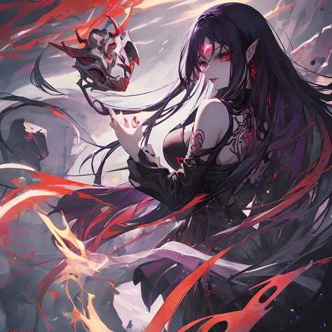 Woman, long dark purple hair, red eyes with a bright light, black long open dress, witch, silver jewelry in the shape of ribs, metal mask on half of the face, black lipstick