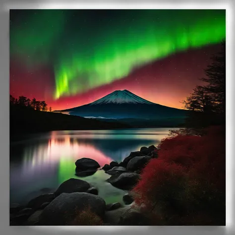 Master Parts、Superior Quality、superior image quality、The 8k quality、Beautiful pictures of the starry sky、magnifica、(Mt fuji:1.5)、Blue glowing lake:1.25、(Red and green aurora borealis:1.5)