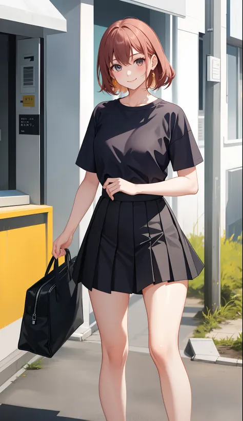 1girl in、AS-Adult、A smile、The shirt、skirt by the、（small tits）、Walking with a thigh、Upper body portrait、