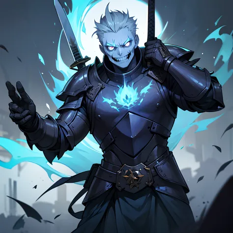 One man, undead, Steel armor, sword in arm, Hair Blue Flame, wicked smile